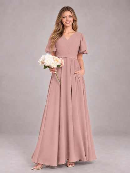 Dusty Rose Trendy V-Neck Short Sleeves Chiffon Bridesmaid Dress With Pockets