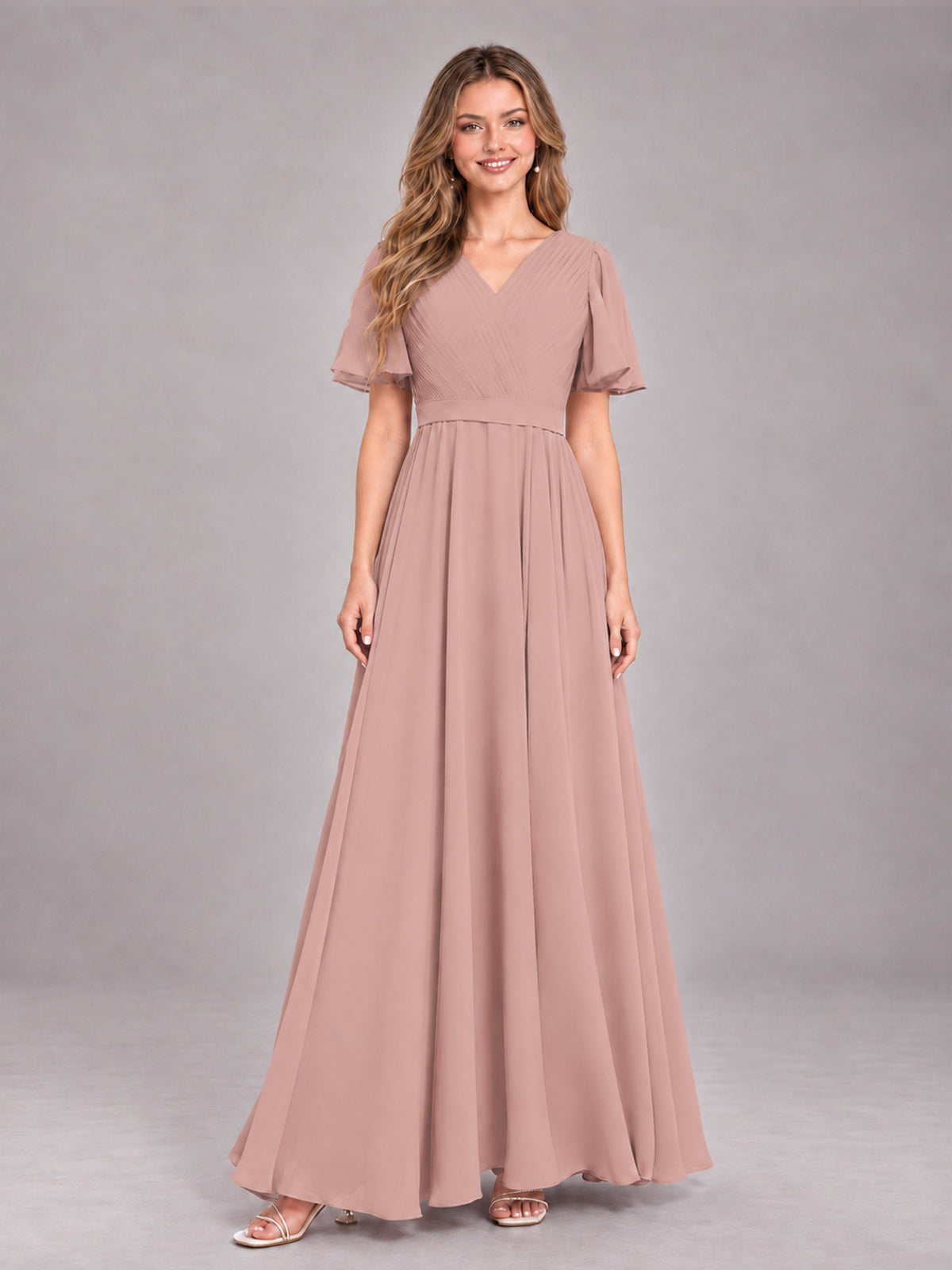 Dusty Rose Trendy V-Neck Short Sleeves Chiffon Bridesmaid Dress With Pockets