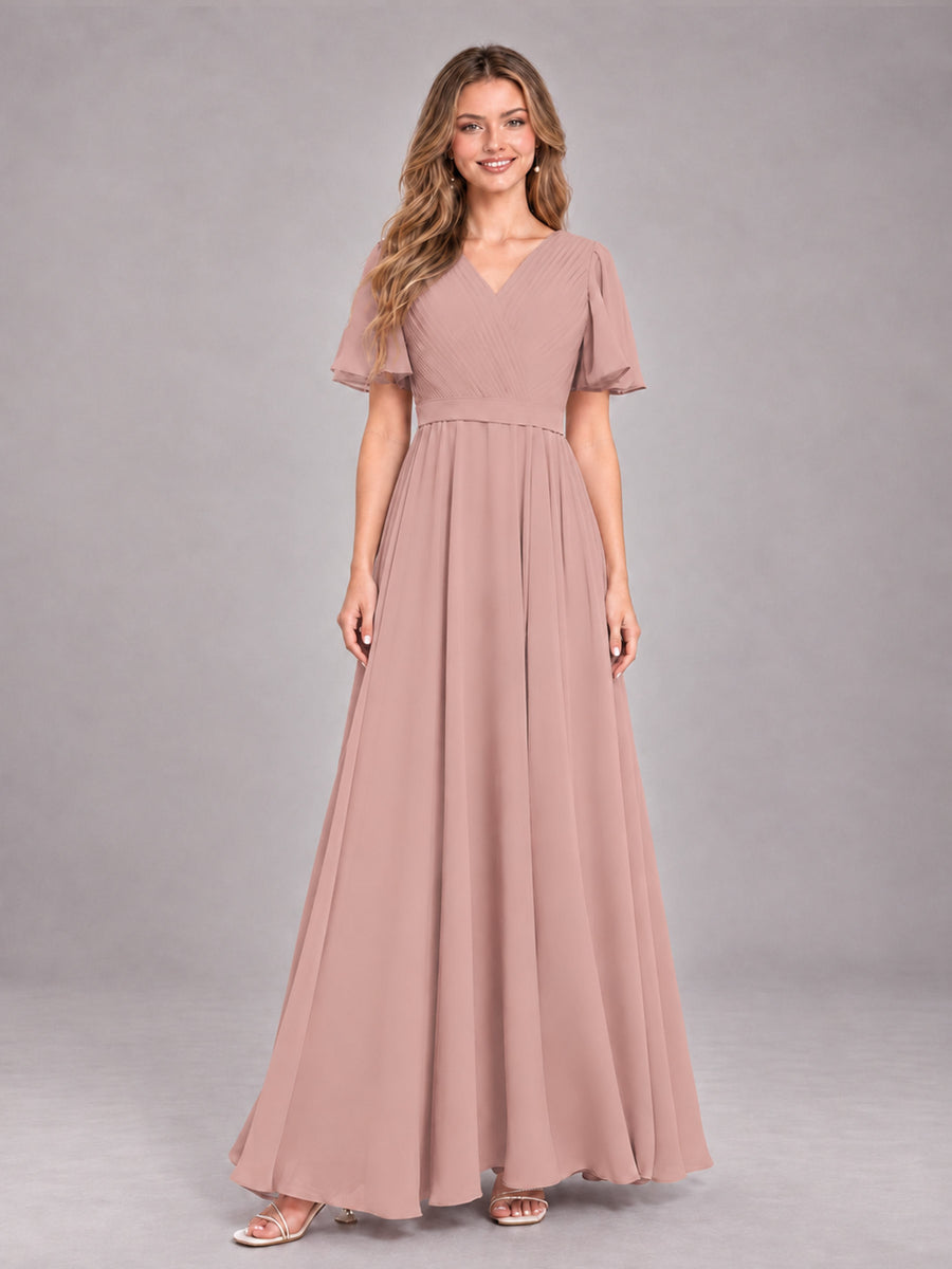 Dusty Rose Trendy V-Neck Short Sleeves Chiffon Bridesmaid Dress With Pockets