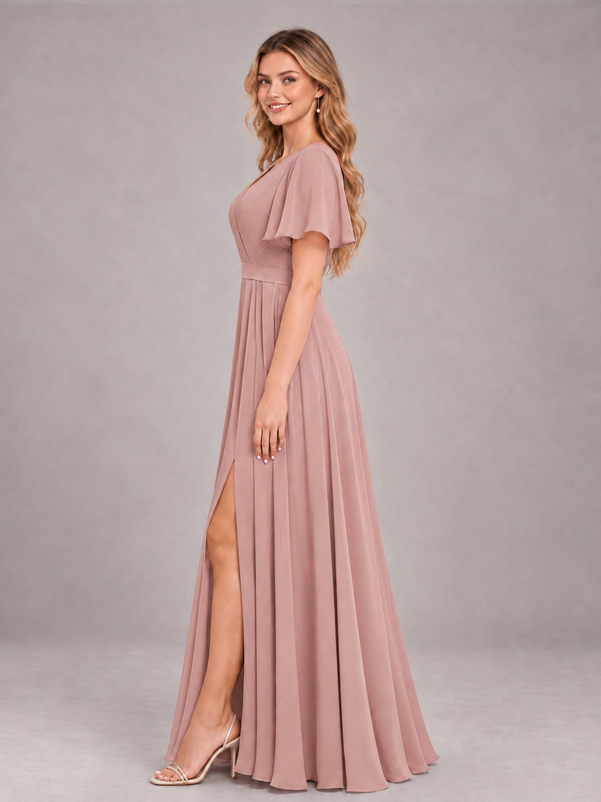 Dusty Rose Trendy V-Neck Short Sleeves Chiffon Bridesmaid Dress With Pockets