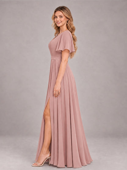 Dusty Rose Trendy V-Neck Short Sleeves Chiffon Bridesmaid Dress With Pockets
