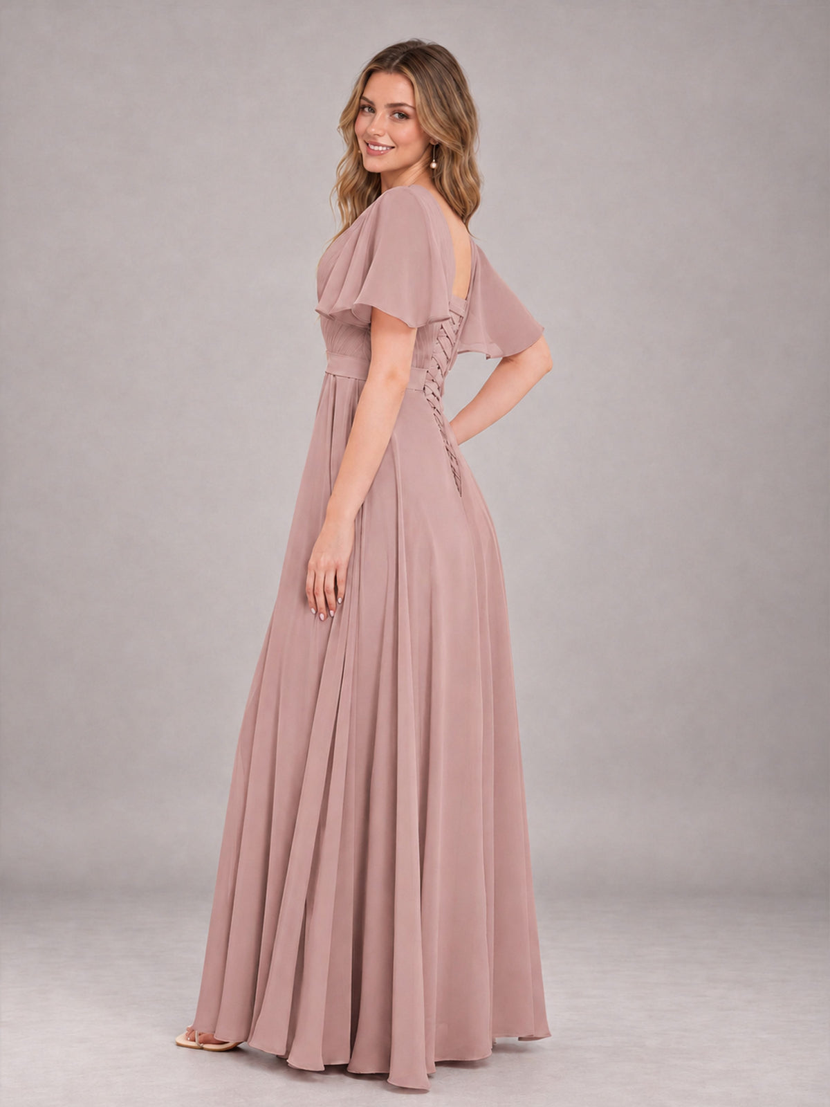 Dusty Rose Trendy V-Neck Short Sleeves Chiffon Bridesmaid Dress With Pockets