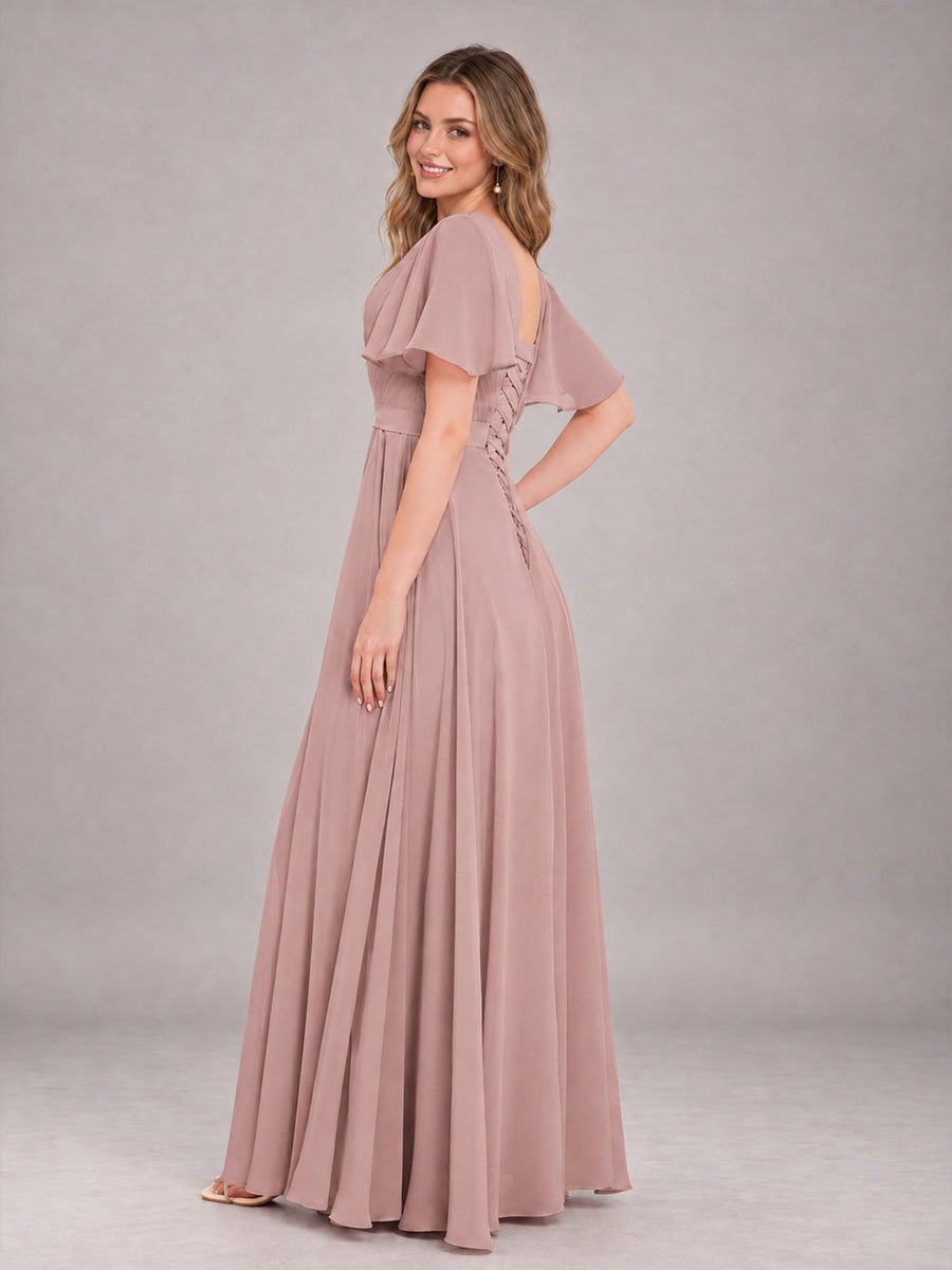 Dusty Rose Trendy V-Neck Short Sleeves Chiffon Bridesmaid Dress With Pockets