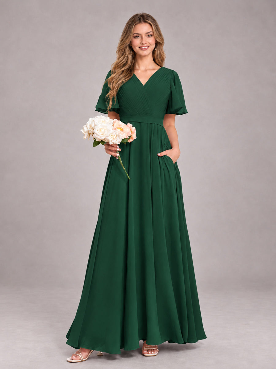 Emerald Green Trendy V-Neck Short Sleeves Chiffon Bridesmaid Dress With Pockets