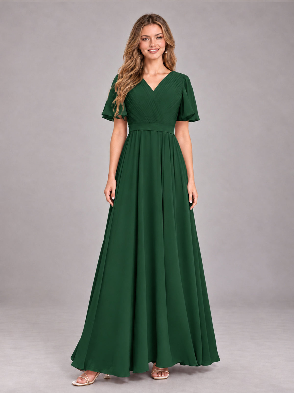 Emerald Green Trendy V-Neck Short Sleeves Chiffon Bridesmaid Dress With Pockets