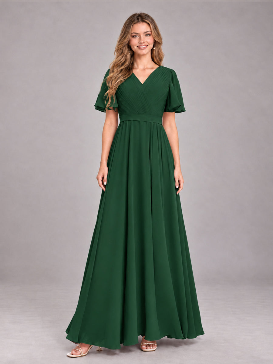 Emerald Green Trendy V-Neck Short Sleeves Chiffon Bridesmaid Dress With Pockets