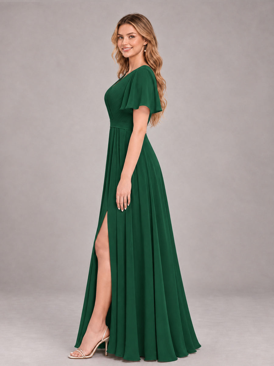 Emerald Green Trendy V-Neck Short Sleeves Chiffon Bridesmaid Dress With Pockets
