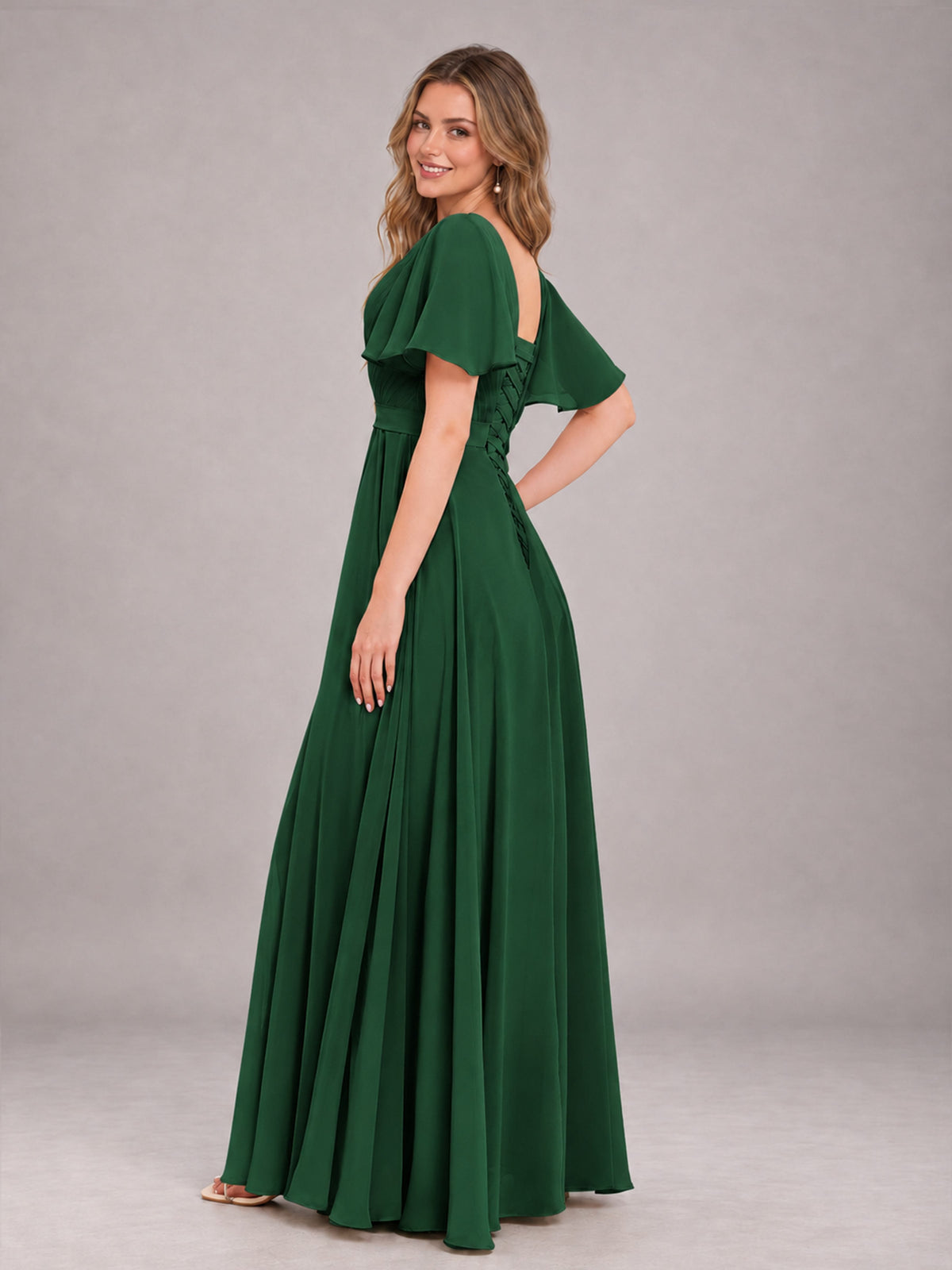 Emerald Green Trendy V-Neck Short Sleeves Chiffon Bridesmaid Dress With Pockets