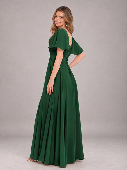 Emerald Green Trendy V-Neck Short Sleeves Chiffon Bridesmaid Dress With Pockets