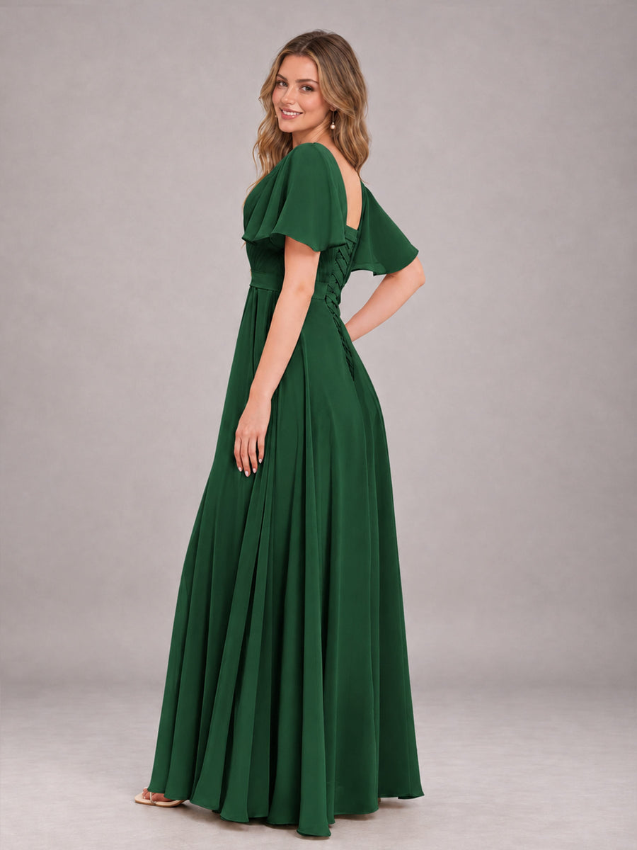 Emerald Green Trendy V-Neck Short Sleeves Chiffon Bridesmaid Dress With Pockets
