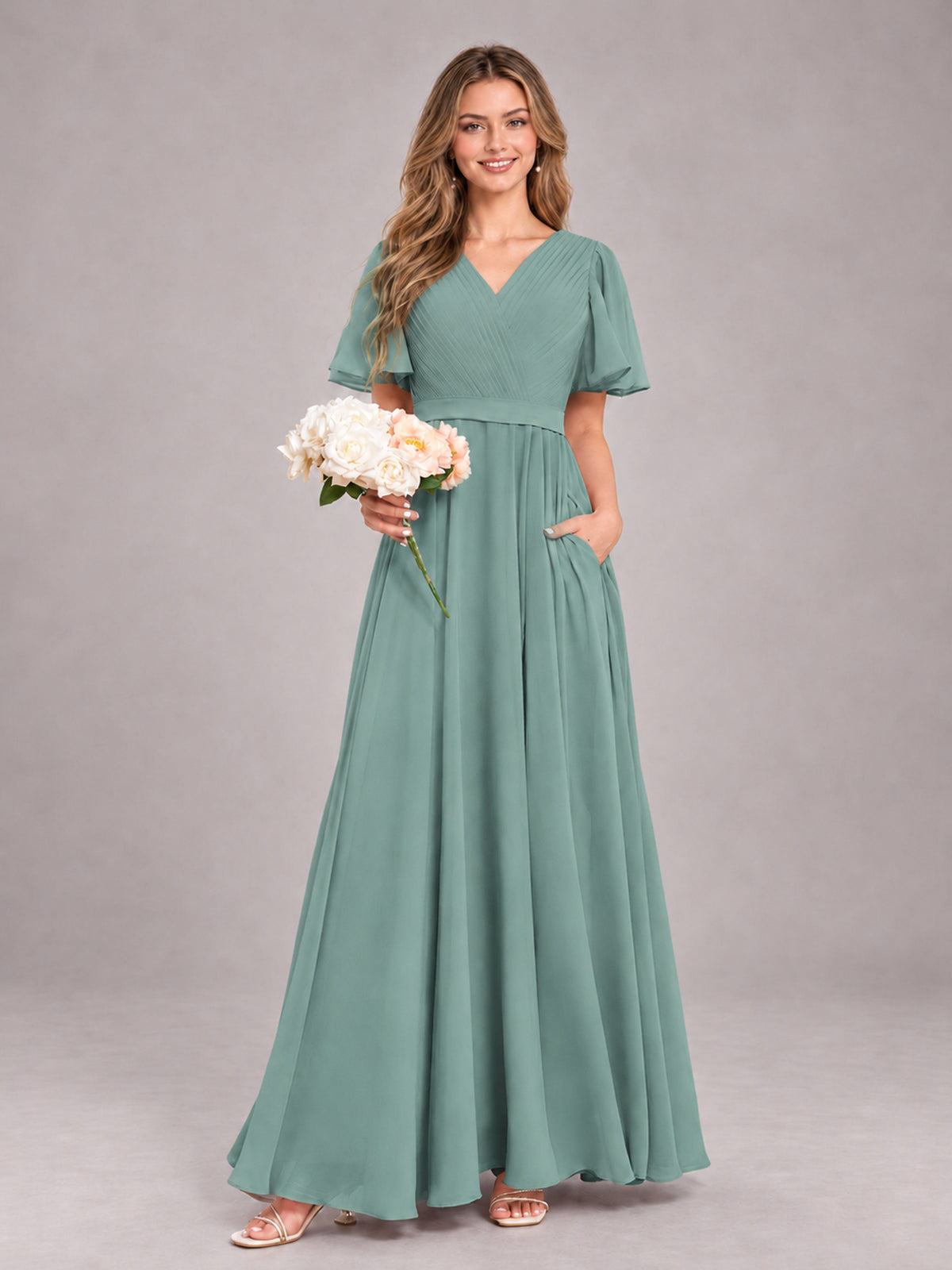 Eucalyptus Trendy V-Neck Short Sleeves Chiffon Bridesmaid Dress With Pockets