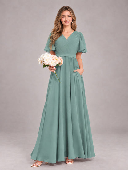Eucalyptus Trendy V-Neck Short Sleeves Chiffon Bridesmaid Dress With Pockets