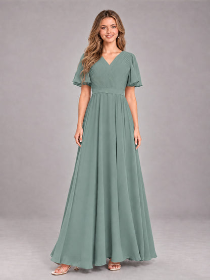 Eucalyptus Trendy V-Neck Short Sleeves Chiffon Bridesmaid Dress With Pockets