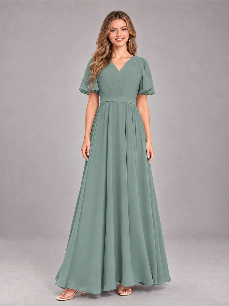 Eucalyptus Trendy V-Neck Short Sleeves Chiffon Bridesmaid Dress With Pockets