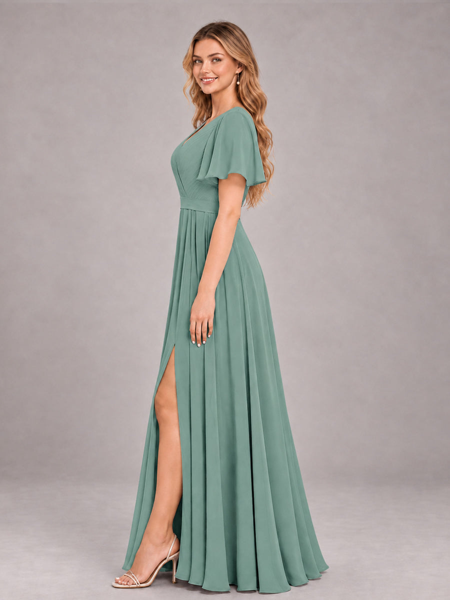 Eucalyptus Trendy V-Neck Short Sleeves Chiffon Bridesmaid Dress With Pockets