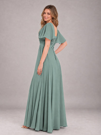 Eucalyptus Trendy V-Neck Short Sleeves Chiffon Bridesmaid Dress With Pockets