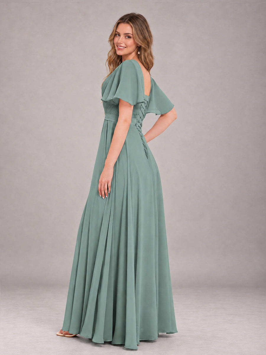 Eucalyptus Trendy V-Neck Short Sleeves Chiffon Bridesmaid Dress With Pockets