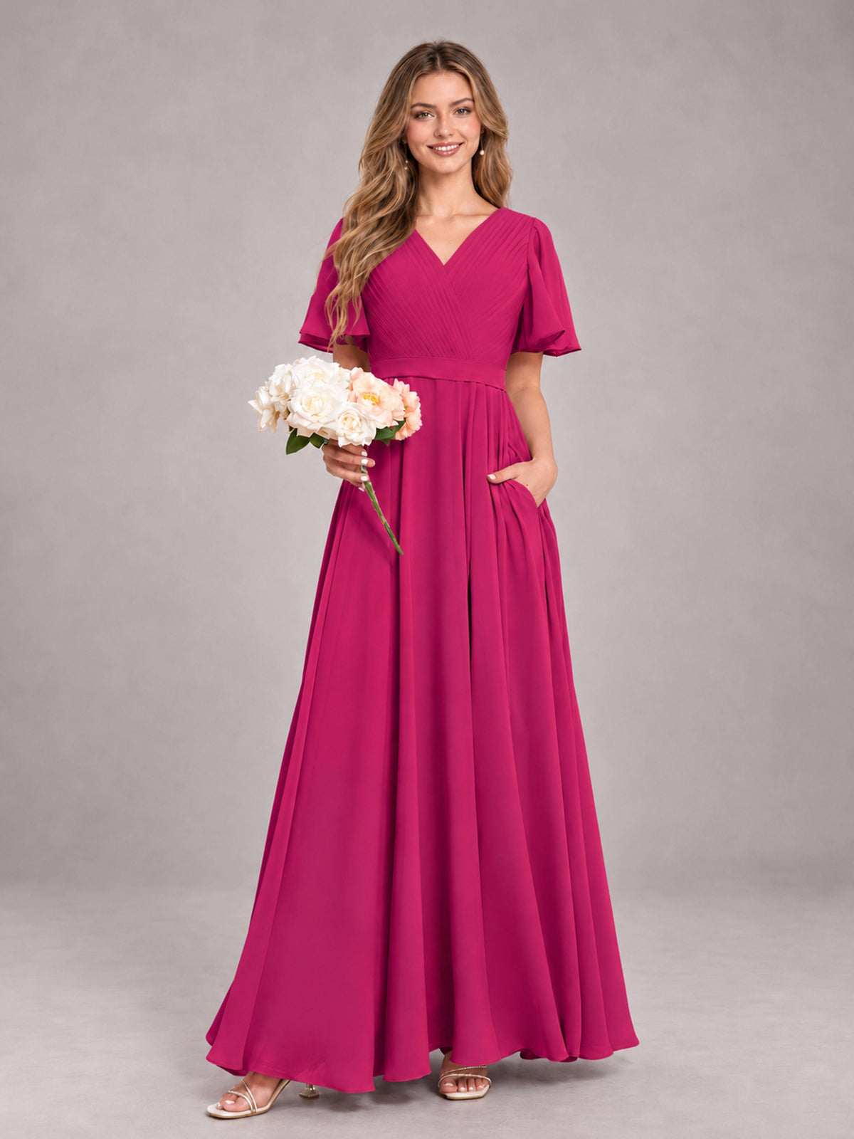 Fuchsia Trendy V-Neck Short Sleeves Chiffon Bridesmaid Dress With Pockets