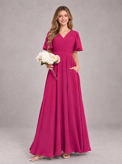 Fuchsia Trendy V-Neck Short Sleeves Chiffon Bridesmaid Dress With Pockets