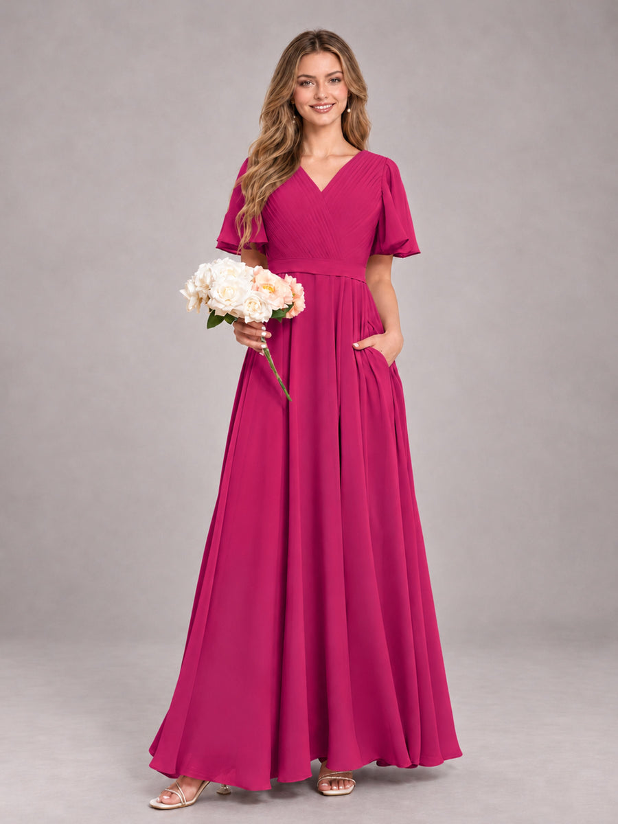 Fuchsia Trendy V-Neck Short Sleeves Chiffon Bridesmaid Dress With Pockets