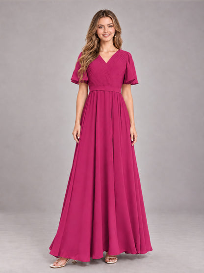 Fuchsia Trendy V-Neck Short Sleeves Chiffon Bridesmaid Dress With Pockets