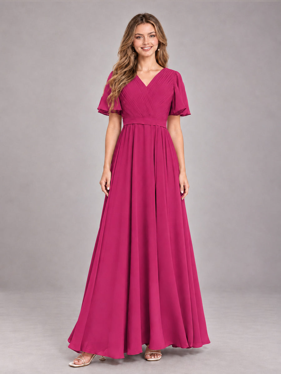 Fuchsia Trendy V-Neck Short Sleeves Chiffon Bridesmaid Dress With Pockets