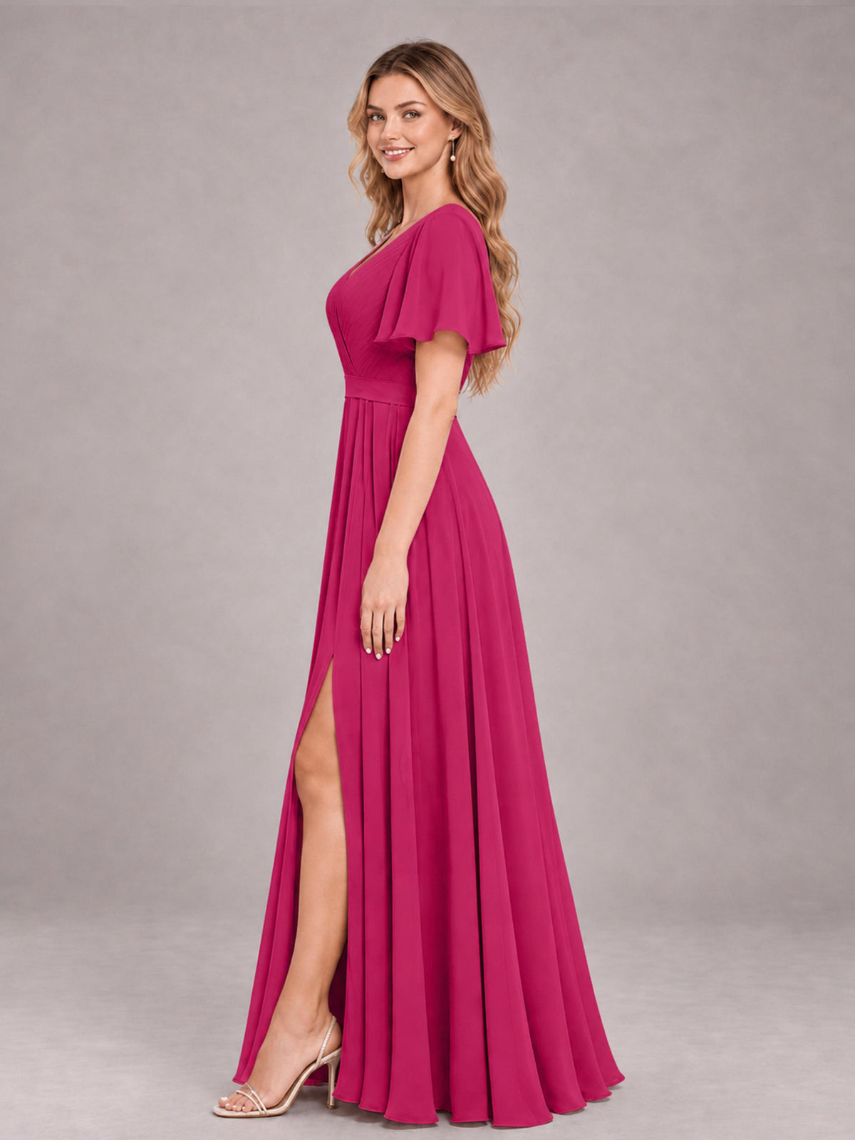 Fuchsia Trendy V-Neck Short Sleeves Chiffon Bridesmaid Dress With Pockets