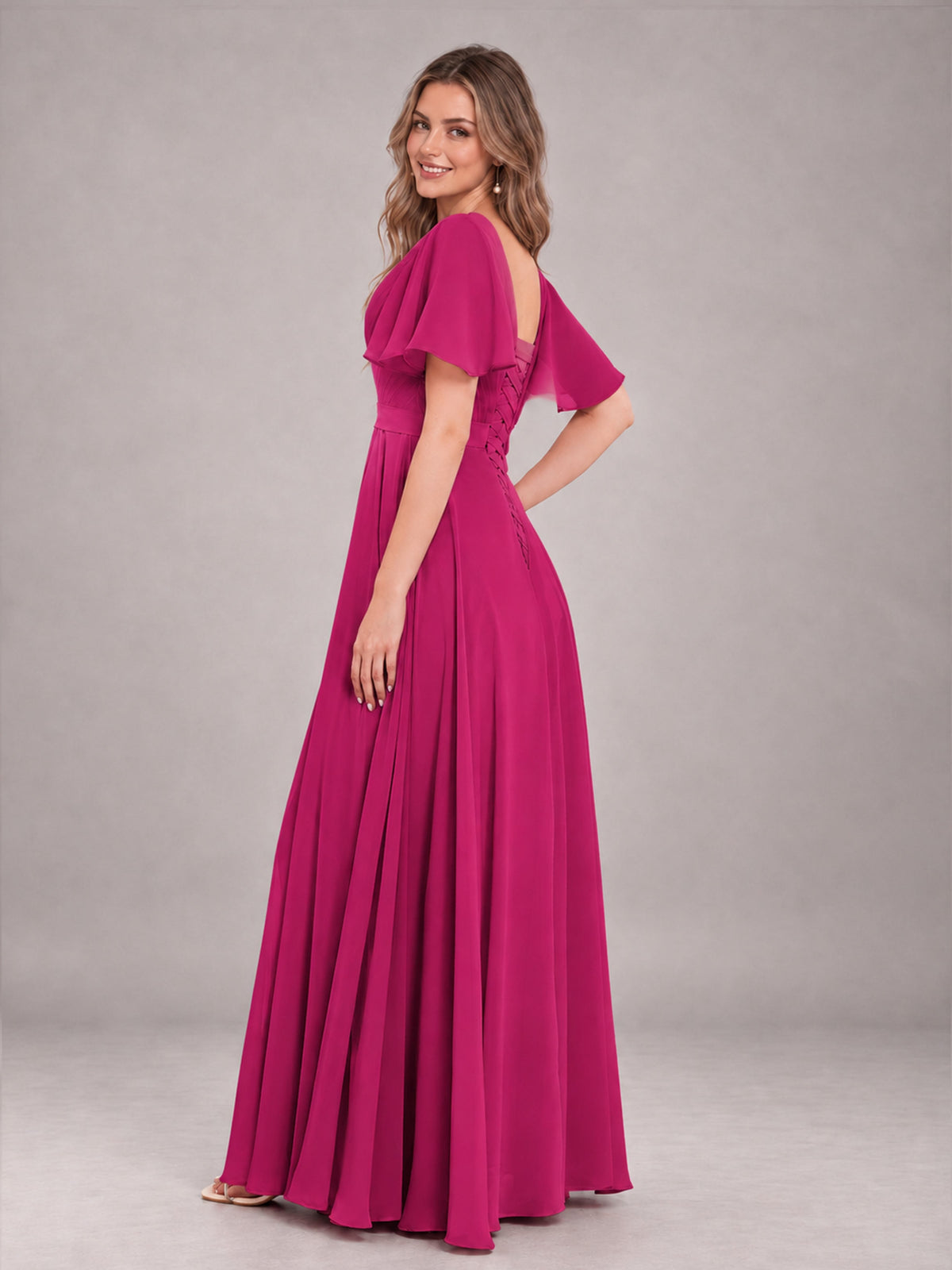 Fuchsia Trendy V-Neck Short Sleeves Chiffon Bridesmaid Dress With Pockets