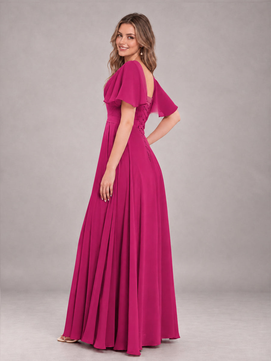 Fuchsia Trendy V-Neck Short Sleeves Chiffon Bridesmaid Dress With Pockets