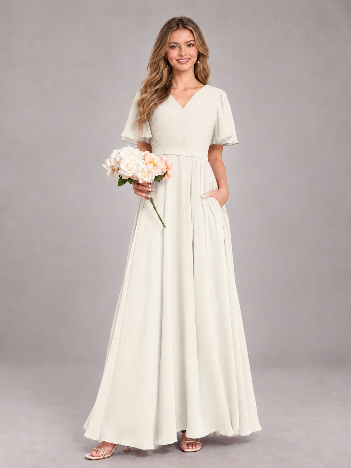 Ivory Trendy V-Neck Short Sleeves Chiffon Bridesmaid Dress With Pockets