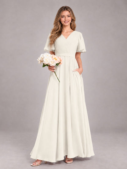 Ivory Trendy V-Neck Short Sleeves Chiffon Bridesmaid Dress With Pockets