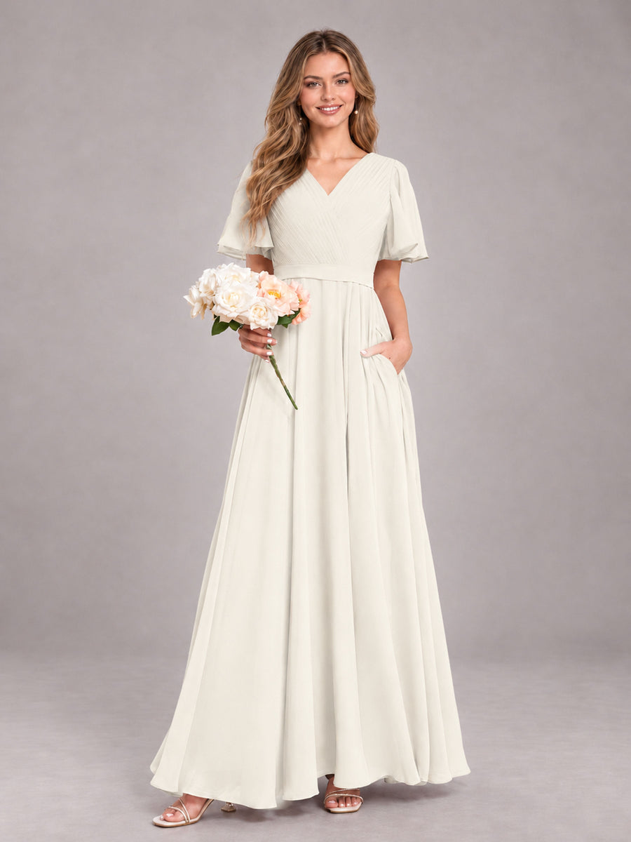 Ivory Trendy V-Neck Short Sleeves Chiffon Bridesmaid Dress With Pockets