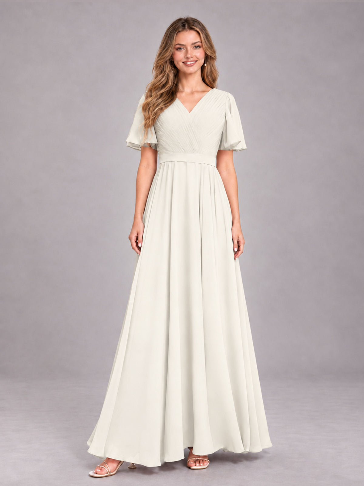 Ivory Trendy V-Neck Short Sleeves Chiffon Bridesmaid Dress With Pockets