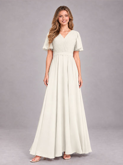 Ivory Trendy V-Neck Short Sleeves Chiffon Bridesmaid Dress With Pockets