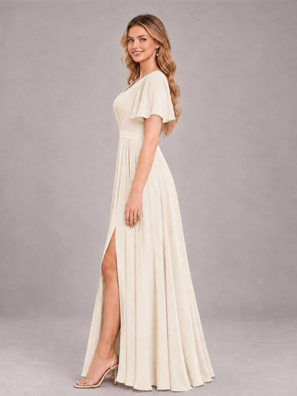 Ivory Trendy V-Neck Short Sleeves Chiffon Bridesmaid Dress With Pockets