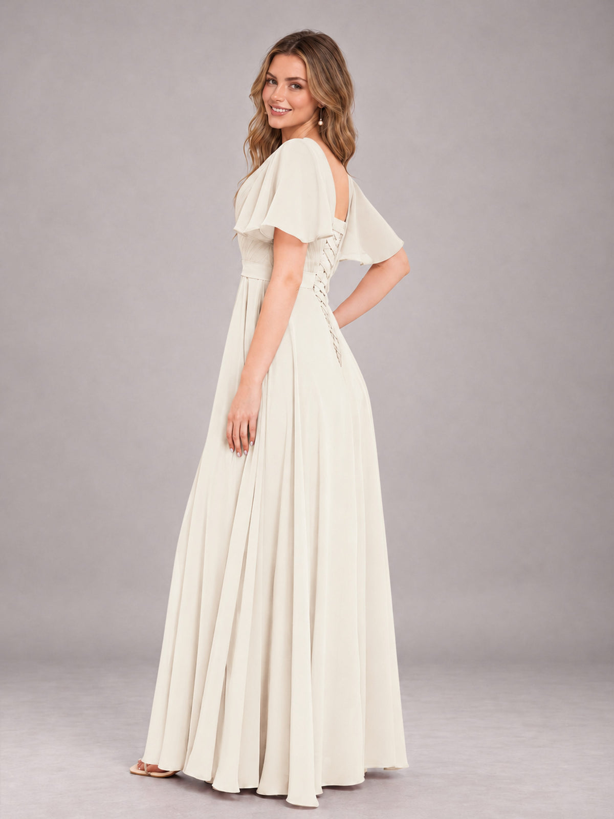 Ivory Trendy V-Neck Short Sleeves Chiffon Bridesmaid Dress With Pockets