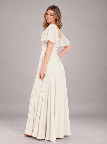 Ivory Trendy V-Neck Short Sleeves Chiffon Bridesmaid Dress With Pockets