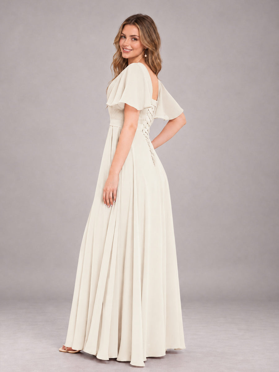 Ivory Trendy V-Neck Short Sleeves Chiffon Bridesmaid Dress With Pockets