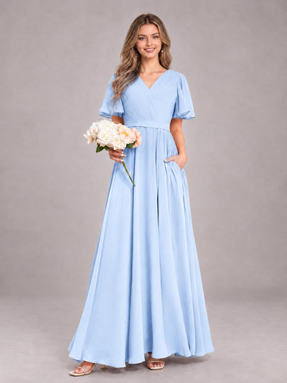 Light Blue Trendy V-Neck Short Sleeves Chiffon Bridesmaid Dress With Pockets