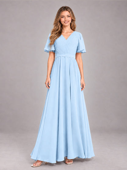 Light Blue Trendy V-Neck Short Sleeves Chiffon Bridesmaid Dress With Pockets