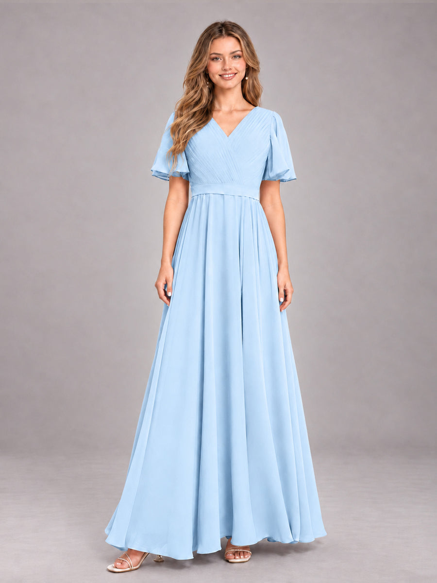 Light Blue Trendy V-Neck Short Sleeves Chiffon Bridesmaid Dress With Pockets