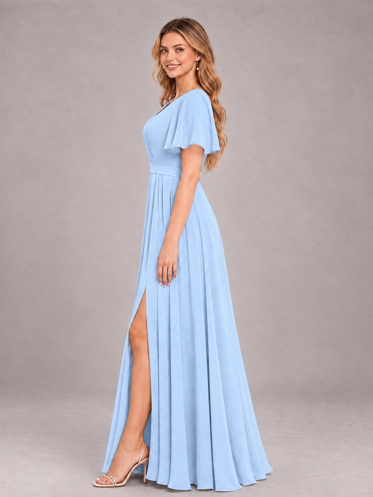 Light Blue Trendy V-Neck Short Sleeves Chiffon Bridesmaid Dress With Pockets