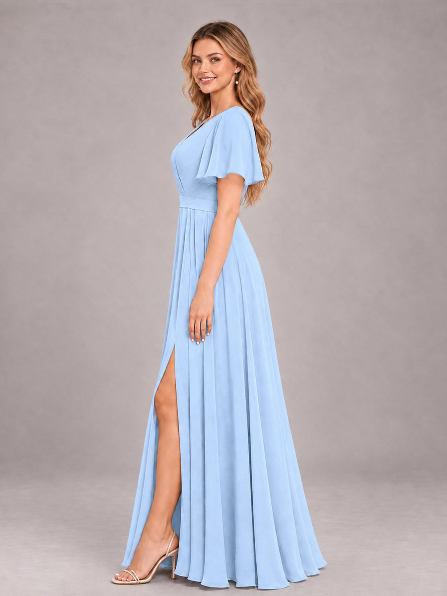 Light Blue Trendy V-Neck Short Sleeves Chiffon Bridesmaid Dress With Pockets