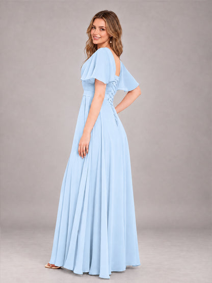 Light Blue Trendy V-Neck Short Sleeves Chiffon Bridesmaid Dress With Pockets