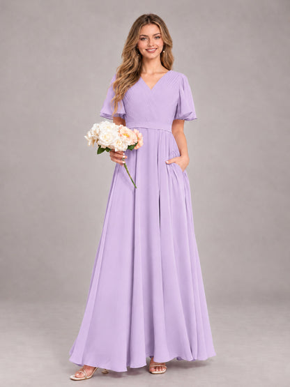 Lilac Trendy V-Neck Short Sleeves Chiffon Bridesmaid Dress With Pockets