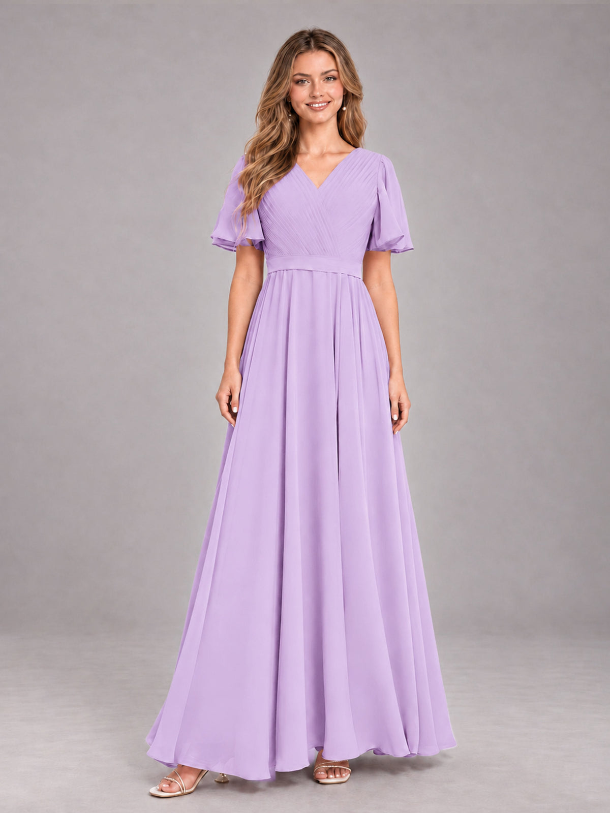 Lilac Trendy V-Neck Short Sleeves Chiffon Bridesmaid Dress With Pockets