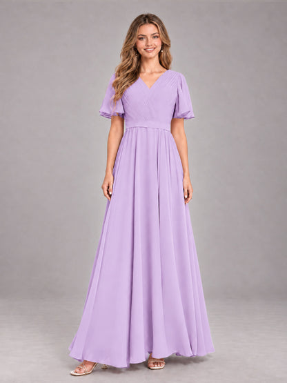 Lilac Trendy V-Neck Short Sleeves Chiffon Bridesmaid Dress With Pockets