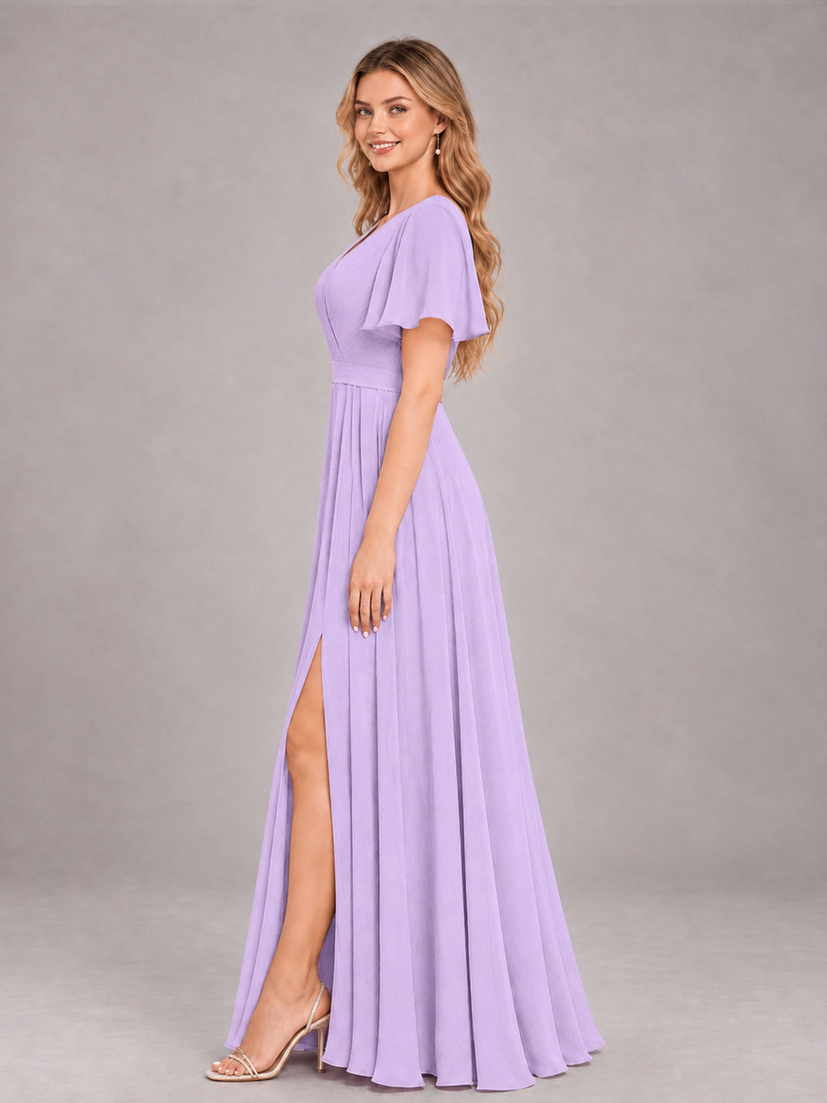 Lilac Trendy V-Neck Short Sleeves Chiffon Bridesmaid Dress With Pockets
