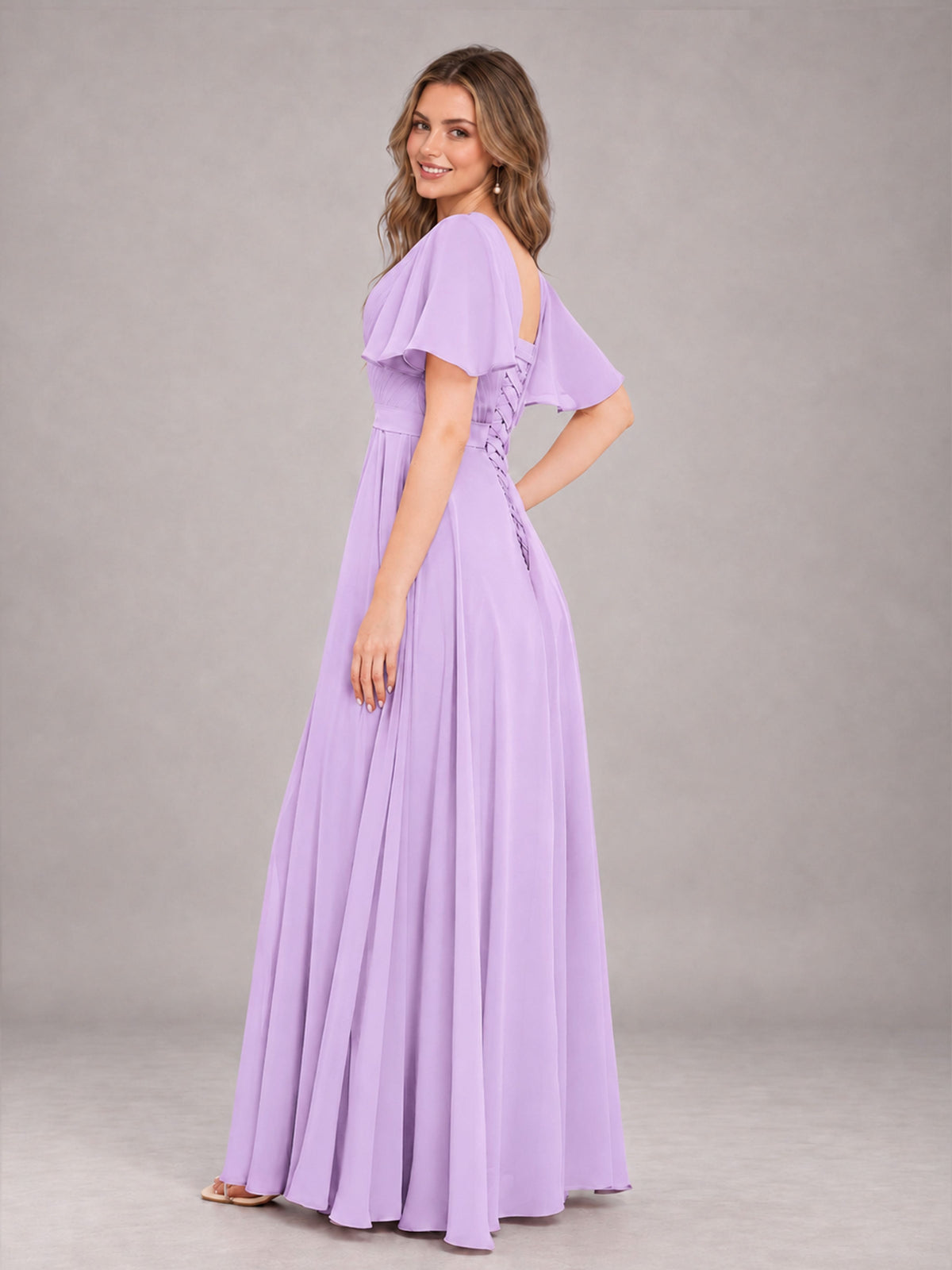 Lilac Trendy V-Neck Short Sleeves Chiffon Bridesmaid Dress With Pockets
