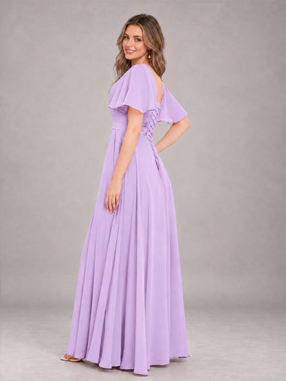 Lilac Trendy V-Neck Short Sleeves Chiffon Bridesmaid Dress With Pockets